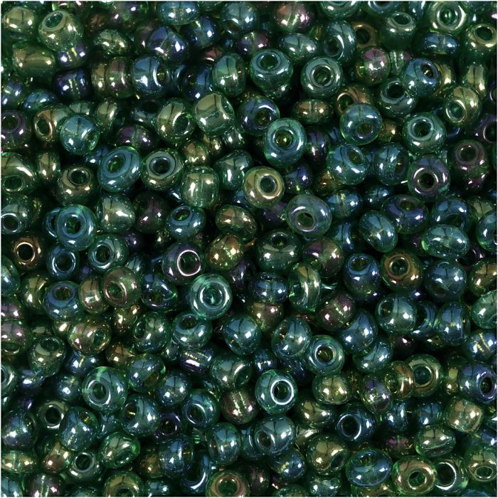 Perles de rocaille, d 3 mm, dim. 8/0, diamètre intérieur 0,6-1,0 mm, vert brillant, 25 gr/ 1 Pq.