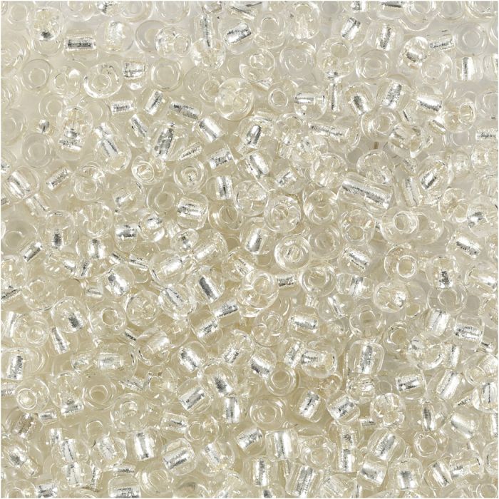 Perles de rocaille, d 3 mm, dim. 8/0, diamètre intérieur 0,6-1,0 mm, argent, 25 gr/ 1 Pq.