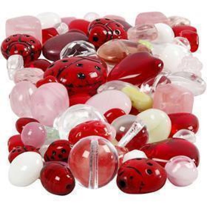 Perles de verre, Coccinelles, feuilles, coeurs, dim. 5-22 mm, diamètre intérieur 0,5-1,5 mm, ass. de couleurs, 60 gr/ 1 Pq.