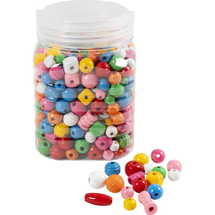 Perles en bois, d 5-28 mm, diamètre intérieur 2,5-3 mm, ass. de couleurs, 400 gr/ 1 seau