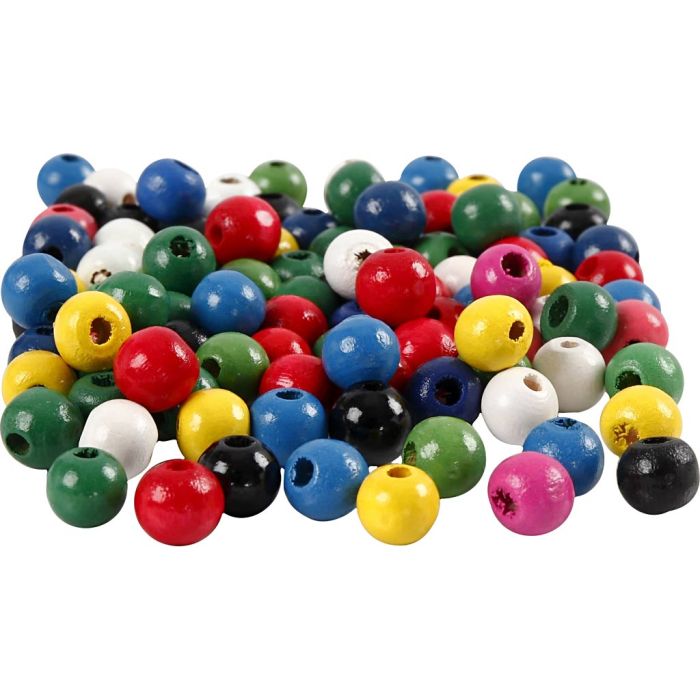 Perles en Bois, d 8, diamètre intérieur 2 mm, ass. de couleurs, 200 pièces/ 1 Pq.