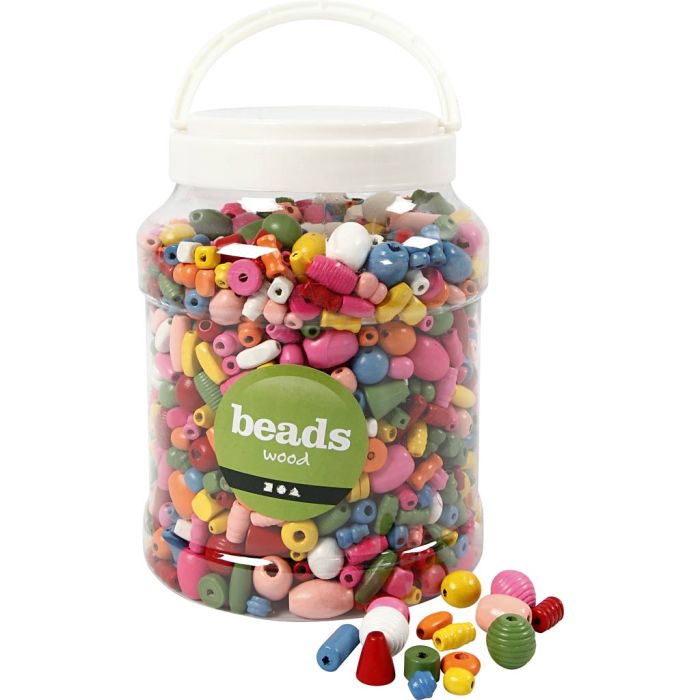 Perles en bois, d 5-28 mm, diamètre intérieur 2,5-3 mm, ass. de couleurs, 800 gr, 2 L/ 1 seau