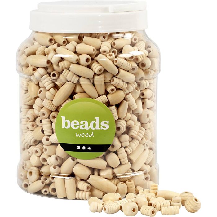 Perles en bois, d 5-28 mm, diamètre intérieur 2,5-3 mm, naturel, 850 gr, 2 L/ 1 seau