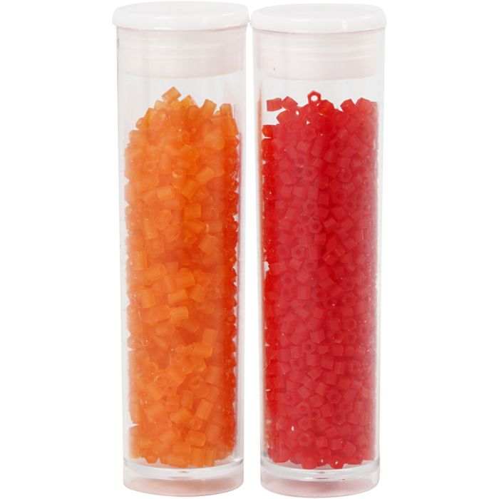 Perles de Rocaille 2-cut, d 1,7 mm, dim. 15/0, diamètre intérieur 0,5 mm, orange transparent, rouge transparent, 2x7 gr/ 1 Pq.