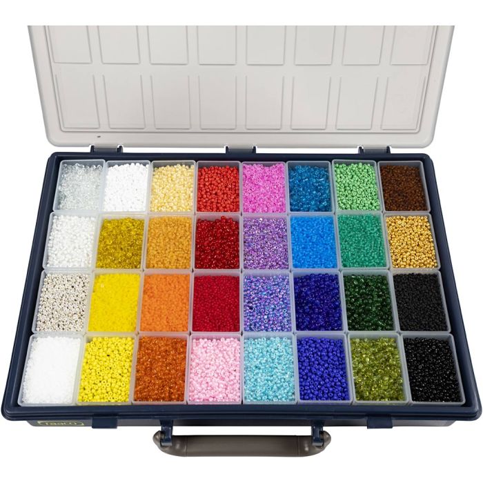 Perles de rocaille, d 1,7+3+4 mm, dim. 6/0+8/0+12/0, diamètre intérieur 0,5-1,2 mm, la couleur peut varier , ass. de couleurs, 32x100 gr/ 1 Pq.
