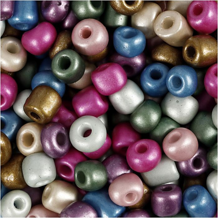 Perles de rocaille, d 5 mm, dim. 4/0, diamètre intérieur 1,2 mm, ca. 500 pièce, couleurs métalliques, 130 gr/ 1 Pq.