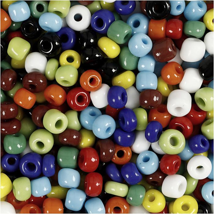 Perles de rocaille, d 4 mm, dim. 6/0, diamètre intérieur 0,9-1,2 mm, ass. de couleurs, 1000 gr/ 1 boîte
