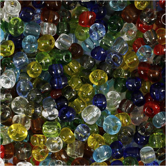Perles de rocaille, d 4 mm, dim. 6/0, diamètre intérieur 0,9-1,2 mm, brillant transparent, 130 gr/ 1 Pq.