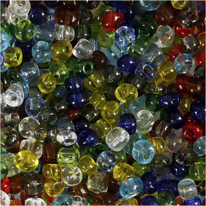 Perles de rocaille, d 4 mm, dim. 6/0, diamètre intérieur 0,9-1,2 mm, brillant transparent, 1000 gr/ 1 Pq.