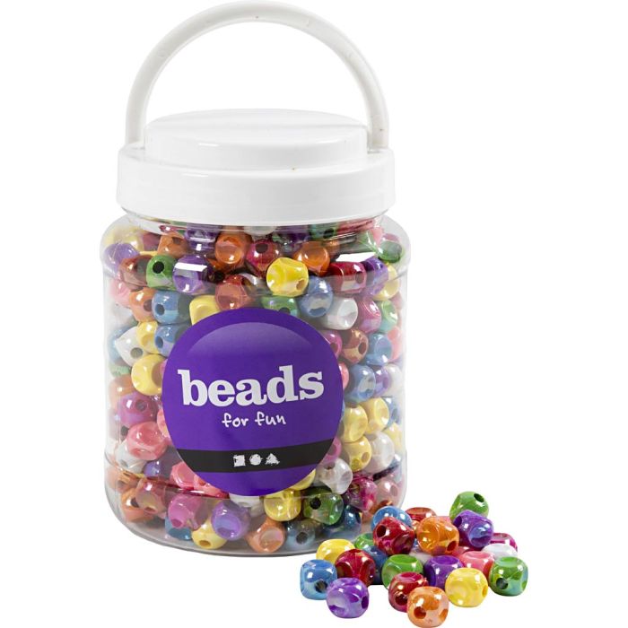 Perles dés, dim. 10x10 mm, diamètre intérieur 3 mm, ass. de couleurs, 400 gr, 700 ml/ 1 boîte