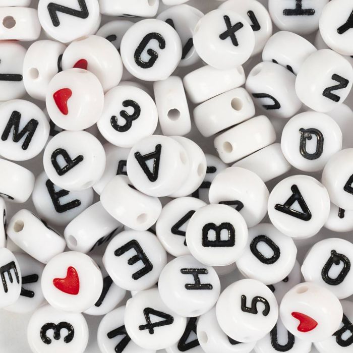 Perles lettres, dim. 7 mm, diamètre intérieur 1,2 mm, ca. 200 pièce, blanc, 25 gr/ 1 Pq.