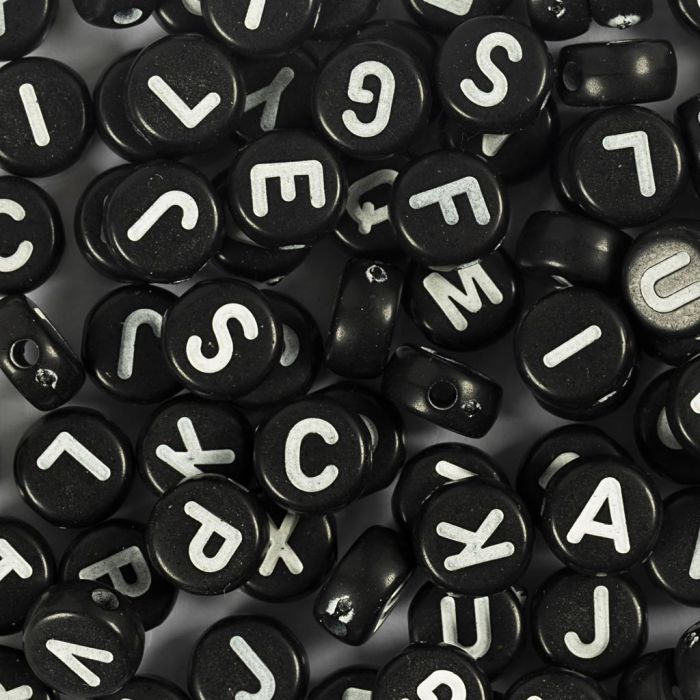 Perles lettres, A-Ø, d 7 mm, diamètre intérieur 1,2 mm, noir, 165 gr/ 1 Pq.