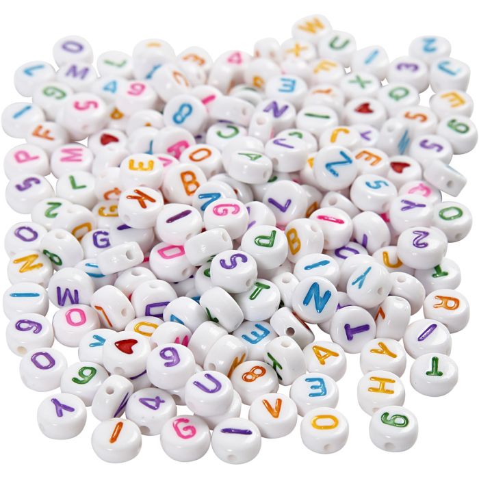 Perles lettres, dim. 7 mm, diamètre intérieur 1,2 mm, ca. 1500 pièce, blanc, 200 gr/ 1 Pq.