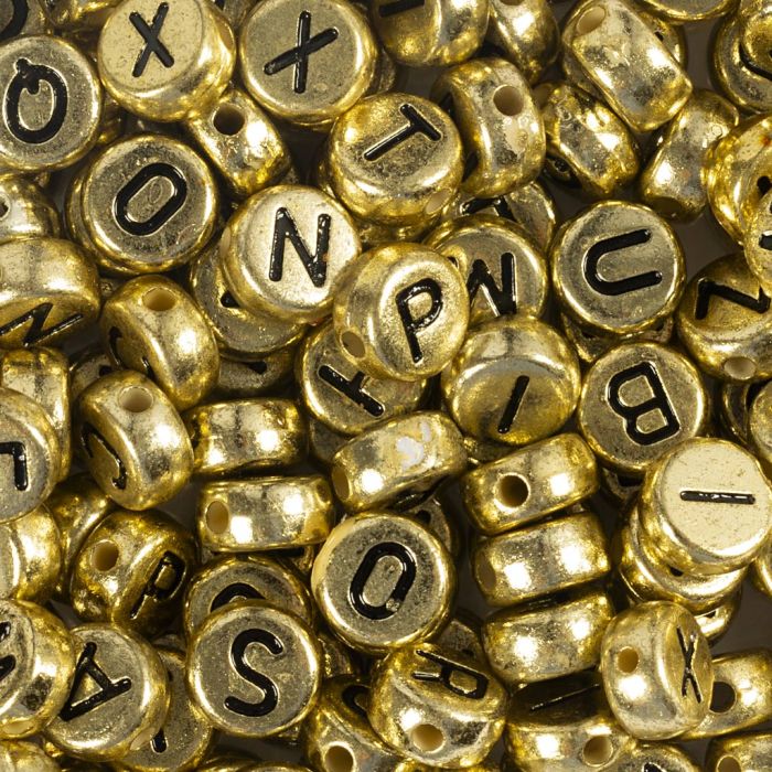 Perles lettres, d 7 mm, diamètre intérieur 1,2 mm, ca. 200 pièce, or, 21 gr/ 1 Pq.