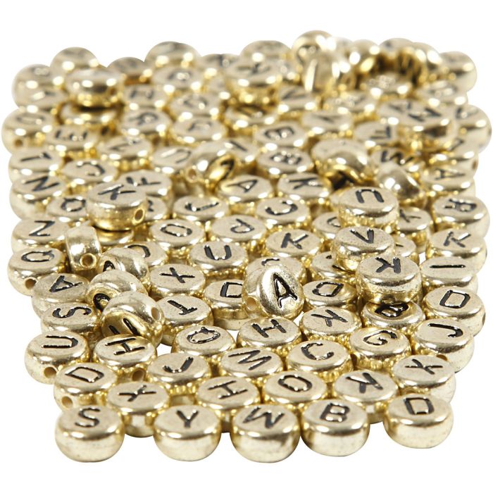 Perles lettres, d 7 mm, diamètre intérieur 1 mm, ca. 1500 pièce, or, 165 gr/ 1 Pq.