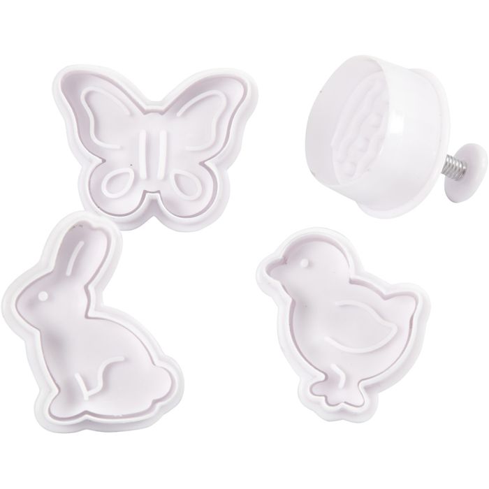 Emporte-Pièces avec Tampon, oeuf de Pâques, poussin, papillon, H : 5 cm, blanc, 4 pièces/ 1 Pq.