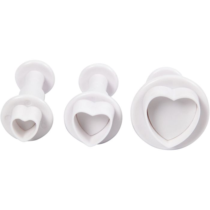 Emporte-Pièces avec Tampon, coeur, d 2+2,3+3 cm, blanc, 3 pièces/ 1 Pq.