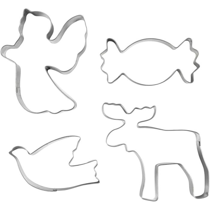 Emporte-pièces, Ange, renne, colombe, bonbon, H : 2 cm, dim. 4,5-9 cm, argent métallique, 4 pièces/ 1 Pq.