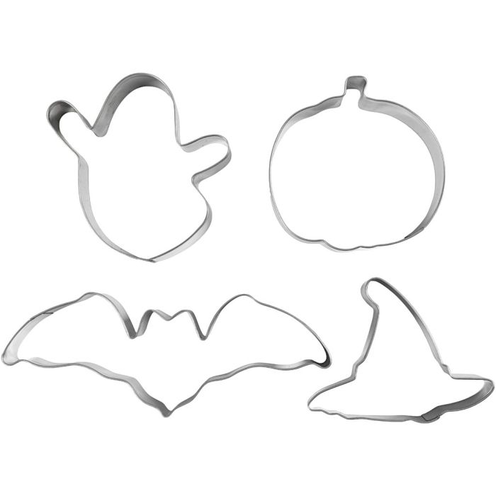 Emporte-pièces, Fantôme, citrouille, chapeau de sorcière, chauve-souris, H : 2 cm, dim. 7-12,4 cm, 4 pièces/ 1 Pq.