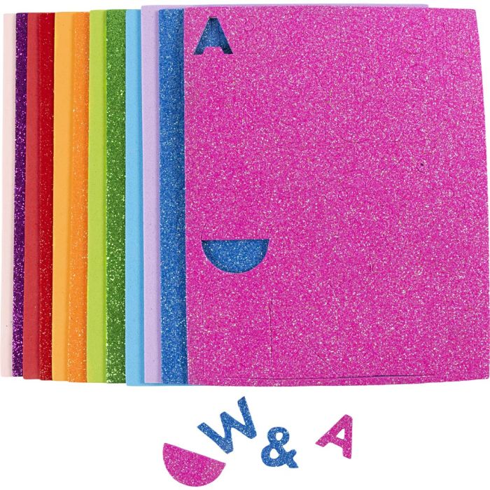 Feuilles de mousse, dim. 14x25 cm, ép. 2 mm, multicolore, 12 flles/ 1 Pq.