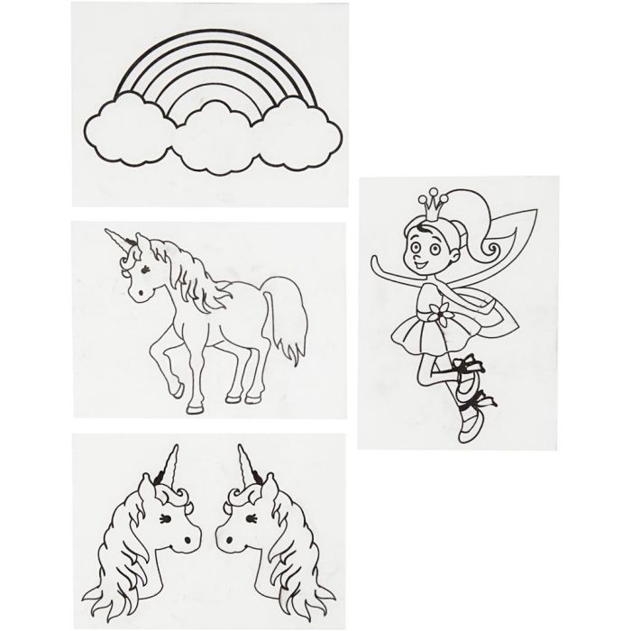 Feuilles de plastique thermorétractable avec motifs, licorne, feuille 10,5x14,5 cm, ép. 0,3 mm, transparent mat, 4 flles/ 1 Pq.