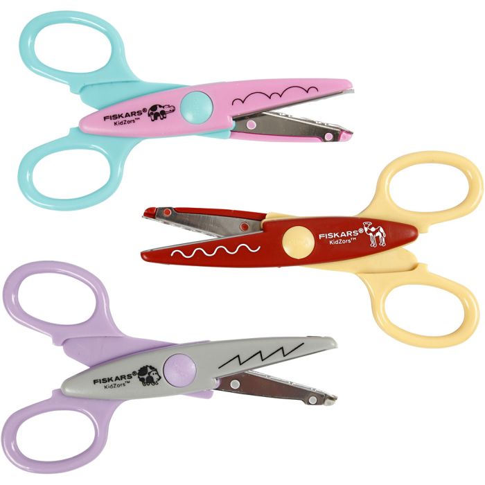 Fiskars Ciseaux à Cranter Enfants - Assortiment, hippo, chameau, hérisson, 3 pièces/ 1 Pq.