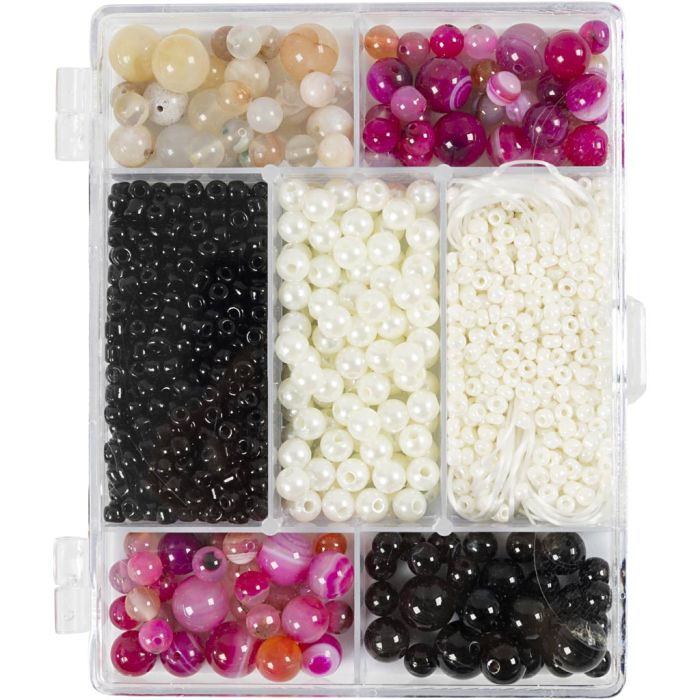 Mix Créatif Bijoux, Agates, dim. 2,6-10 mm, diamètre intérieur 0,8-1,8 mm, ca. 2740 pièces, beige, noir, rose, nacré, 1 Pq.