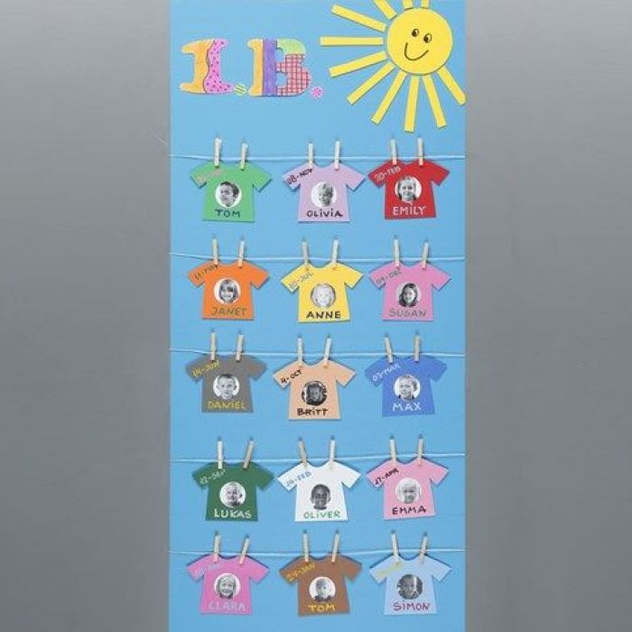 Un poster avec des noms et des images accrochés sur une corde à linge comme du linge.