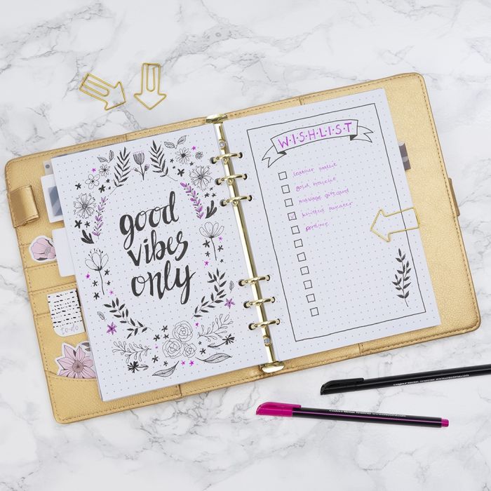 Une liste de souhaits dessinée dans un Bullet Journal