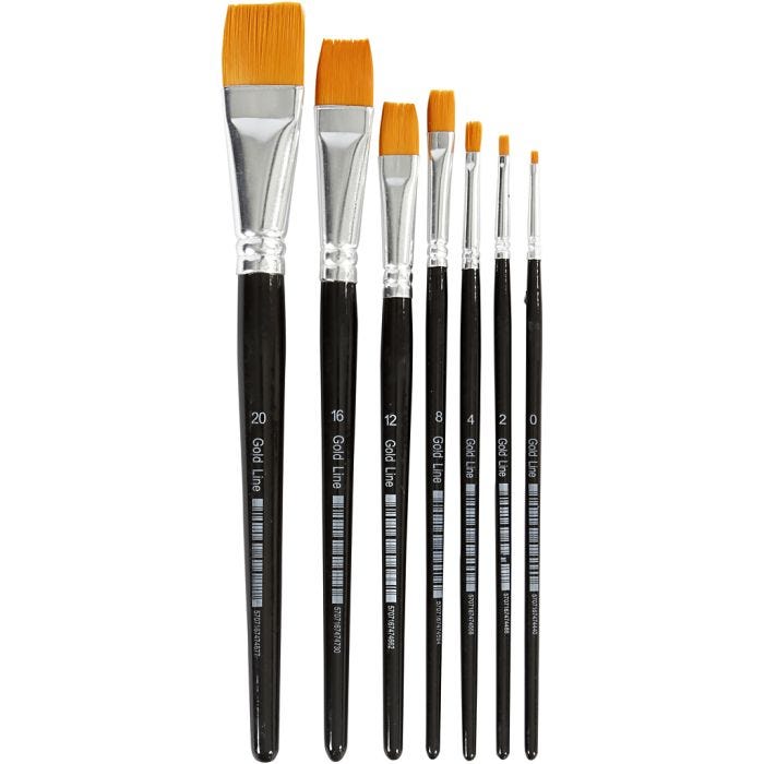Pinceaux Gold Line, dim. 0+2+4+8+12+16+20, L : 16,5-21 cm, L : 1-7 mm, Plat, 7 pièces/ 1 Pq.