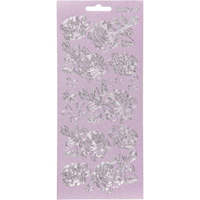 Autocollants, roses, feuille 10x23 cm, argent, 1 flles