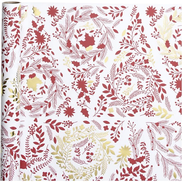 Papier cadeau, Sapins de Noël, L : 50 cm, 80 gr, or, rouge, blanc, 3m/ 1 rouleau