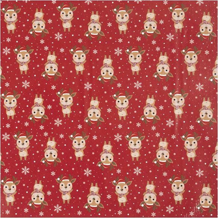 Papier cadeau, Renne avec écharpe, L : 50 cm, 80 gr, rouge foncé, 100 m/ 1 rouleau