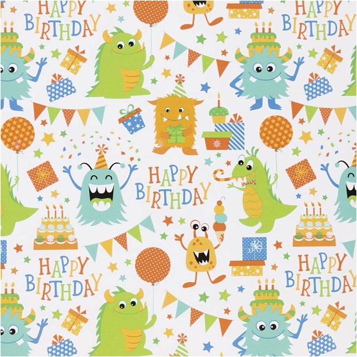 Papier cadeau, Anniversaire, L : 50 cm, 80 gr, couleurs Joyeuses, 100 m/ 1 rouleau