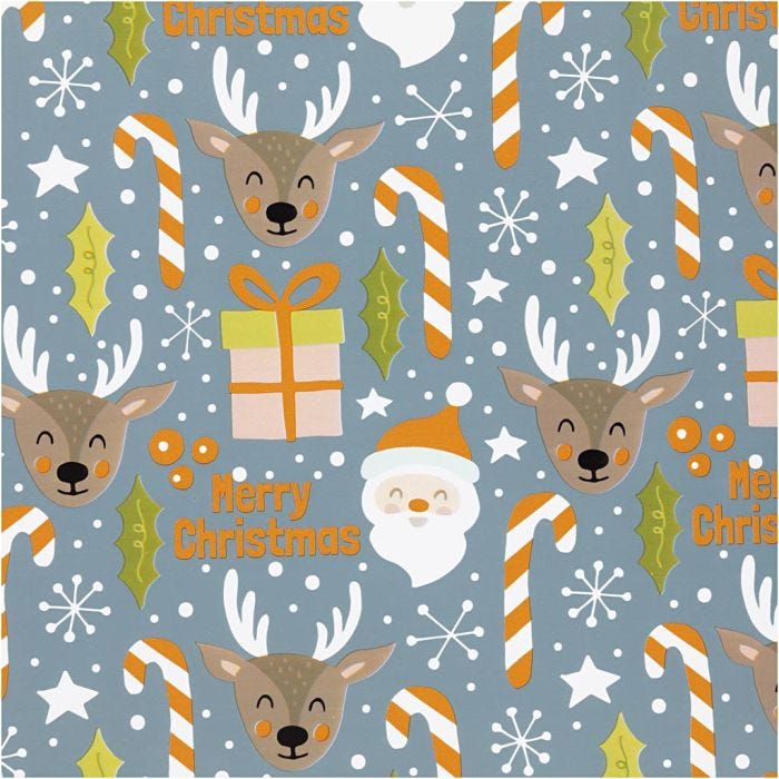 Papier cadeau, Père Noël, cadeau de Noël, sucette, renne, L : 50 cm, 80 gr, gris, 100 m/ 1 rouleau