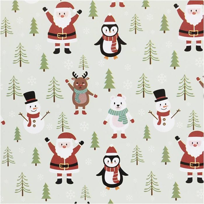 Papier cadeau, Père Noël, bonhomme de neige, renne, ours polaire et pingouin, L : 50 cm, 80 gr, ice blue, 100 m/ 1 rouleau