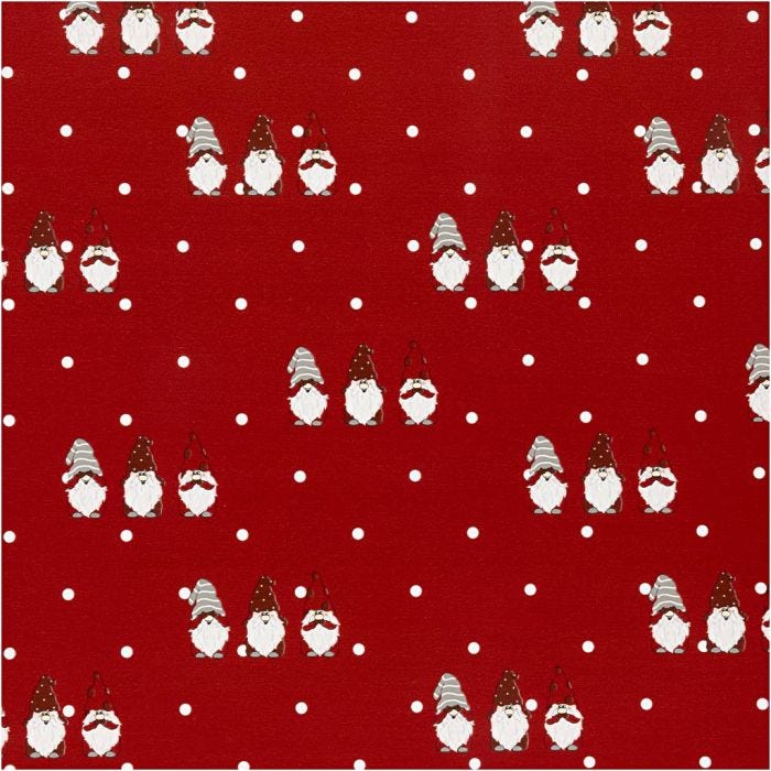 Papier cadeau, Nain de jardin Noël scandinave, L : 50 cm, 80 gr, rouge, 100 m/ 1 rouleau