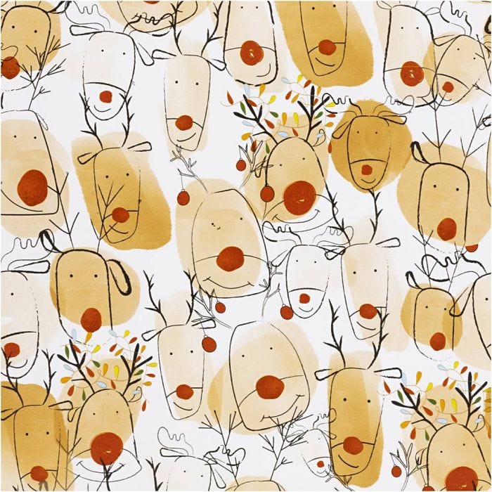 Papier cadeau, Renne, L : 50 cm, 80 gr, beige, rouge, 100 m/ 1 rouleau