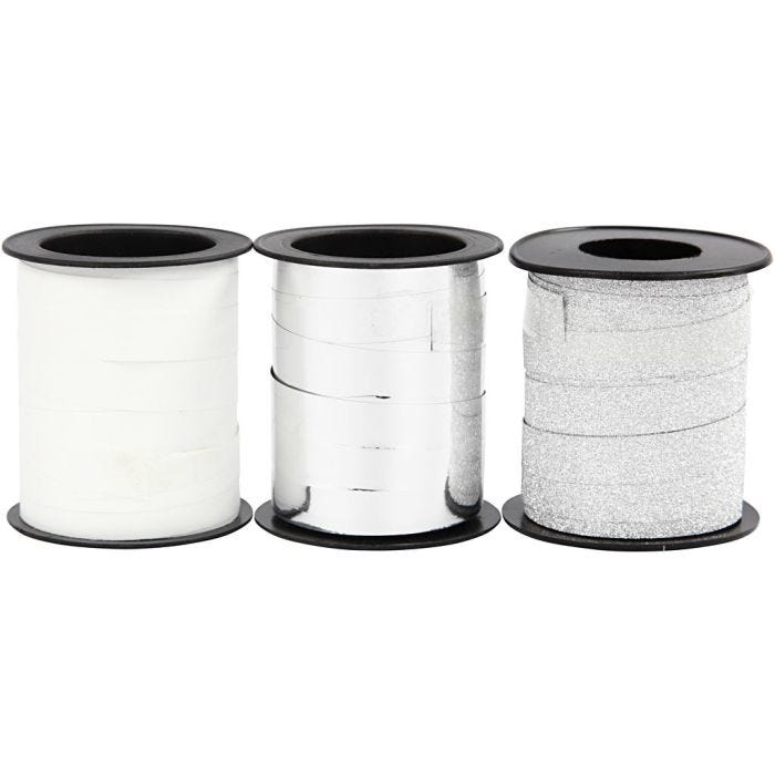 Ruban cadeau, L : 10 mm, argent, argent scintillant, blanc, 3x15 m/ 1 Pq.
