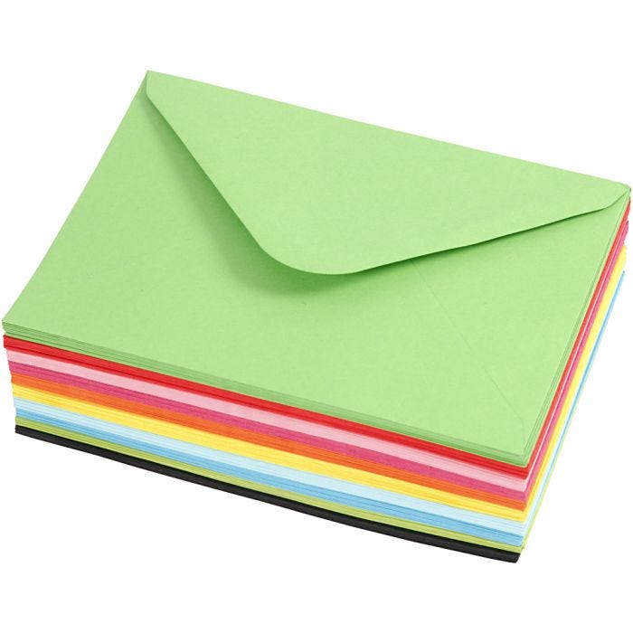 Enveloppes couleur, dimension enveloppes 11,5x16 cm, 80 gr, ass. de couleurs, 10x10 pièces/ 1 Pq.