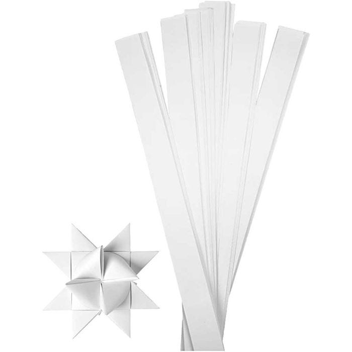 Bandes de papier étoiles, L : 73 cm, L : 25 mm, d 11,5 cm, blanc, 100 bandes/ 1 Pq.