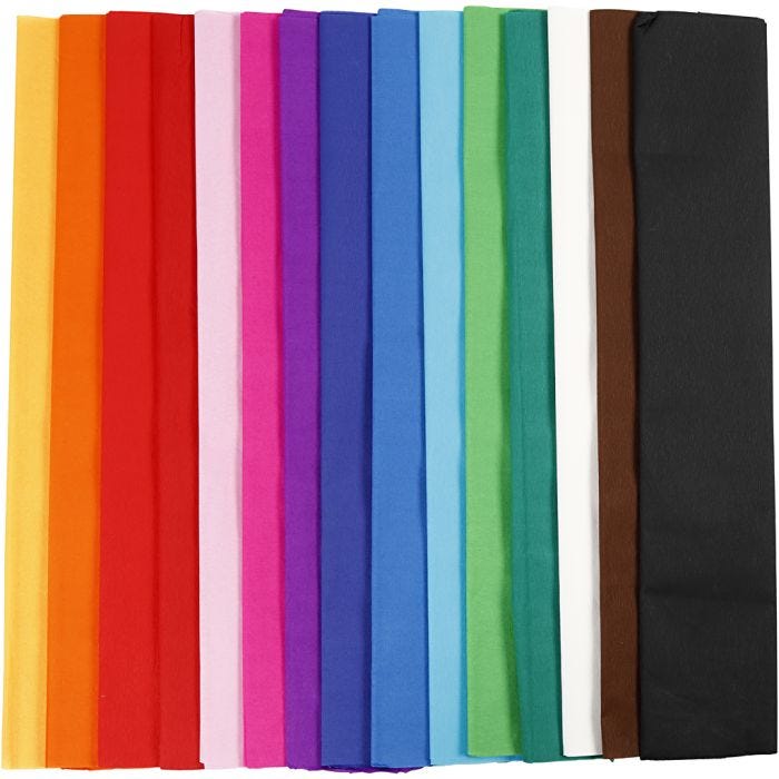 Papier Crépon, L : 2,5 M, L : 50 cm, 22 gr, ass. de couleurs, 15pli/ 1 Pq.