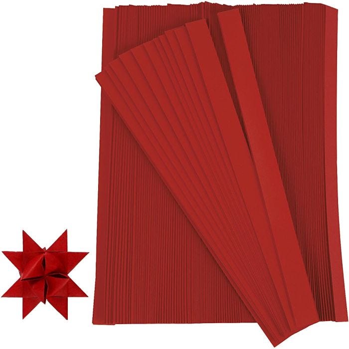 Bandes de papier étoiles, L : 45 cm, d 4,5 cm, L : 10 mm, rouge, 500 bandes/ 1 Pq.