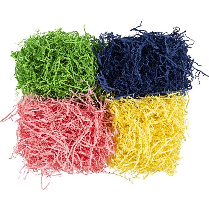 Frisure de Papier, L : 25-30 cm, L : 3 mm, bleu, vert foncé, rose, jaune, 4x50 gr/ 1 Pq.