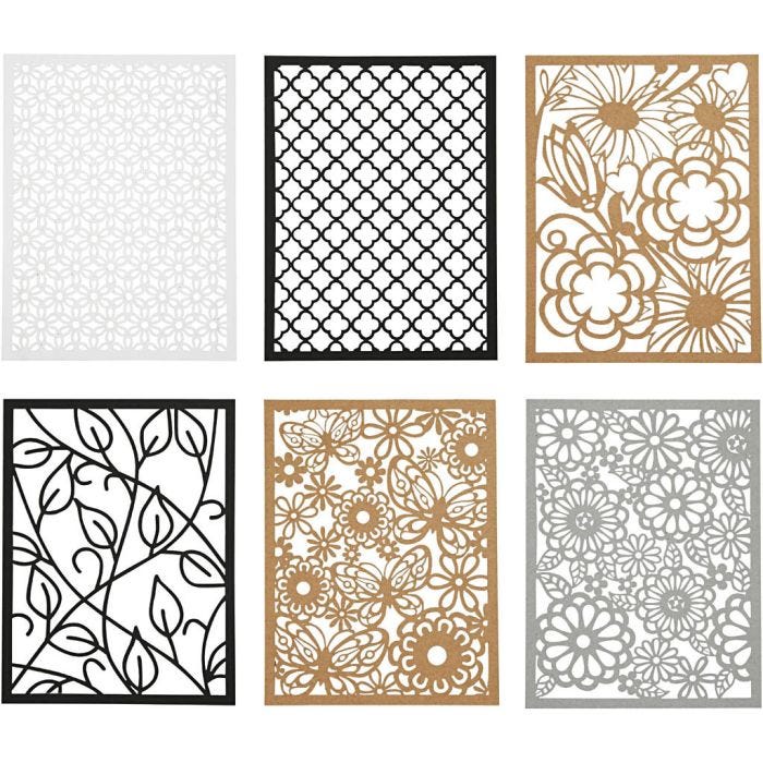 Bloc de papier cartonné avec des motifs façon dentelle, A6, feuille 104x146 mm, 200 gr, noir, naturel, gris, blanc, 24 pièces/ 1 Pq.