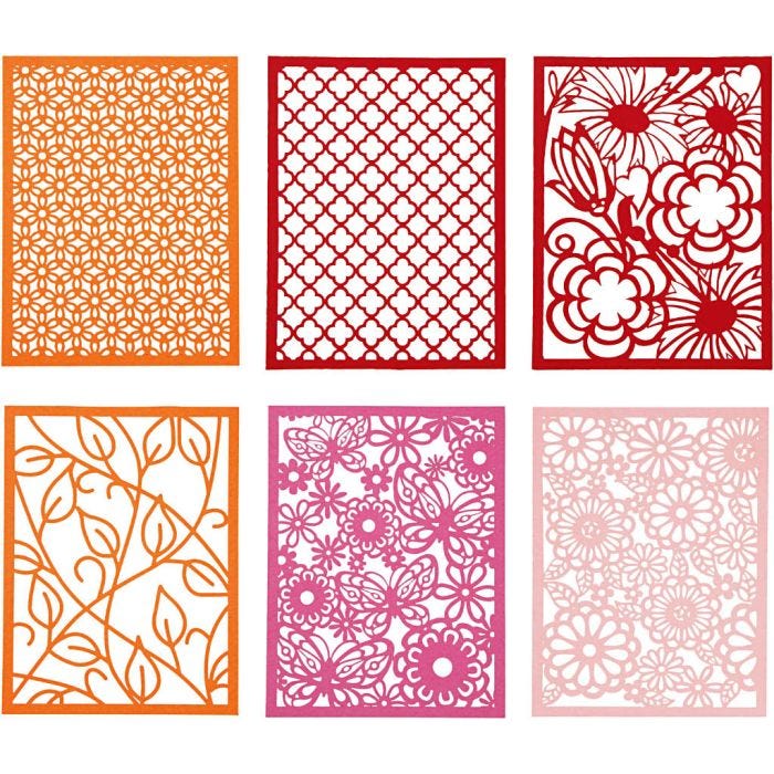 Bloc de papier cartonné avec des motifs façon dentelle, A6, feuille 104x146 mm, 200 gr, orange, rose, rouge, rose, 24pièces/ 1 Pq.