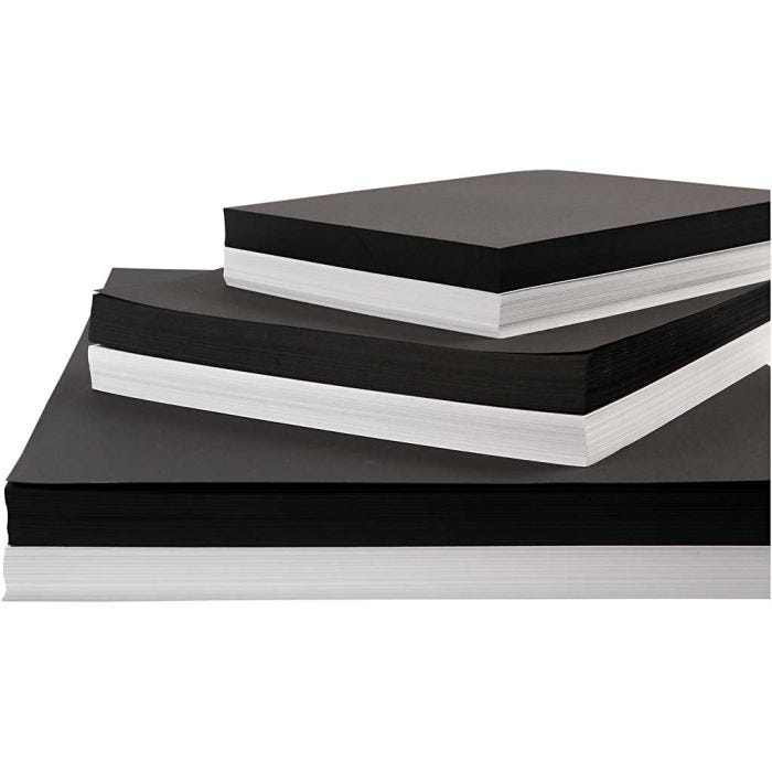 Papier cartonné, A2,A3,A4, 200+250 gr, noir, blanc, 600 flles ass./ 1 Pq.