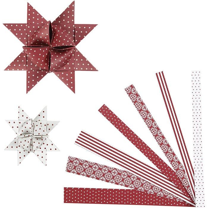 Bandes de papier étoiles, L : 44+78 cm, d 6,5+11,5 cm, L : 15+25 mm, rouge, blanc, 60 bandes/ 1 Pq.