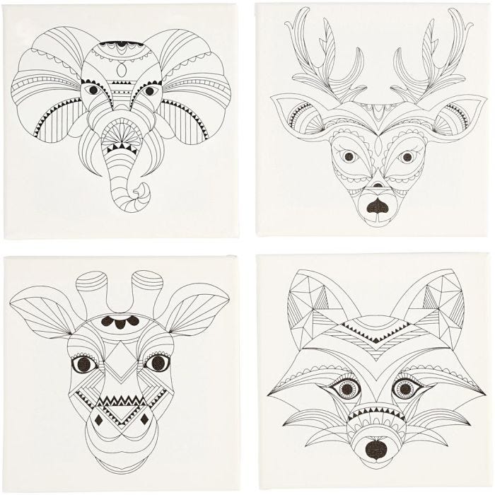 Toile avec impression, animaux, dim. 20x20 cm, 280 gr, blanc, 4pièces/ 1 Pq.