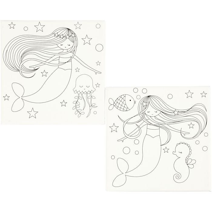 Toile avec impression, sirène, dim. 20x20 cm, 280 gr, blanc, 2pièces/ 1 Pq.